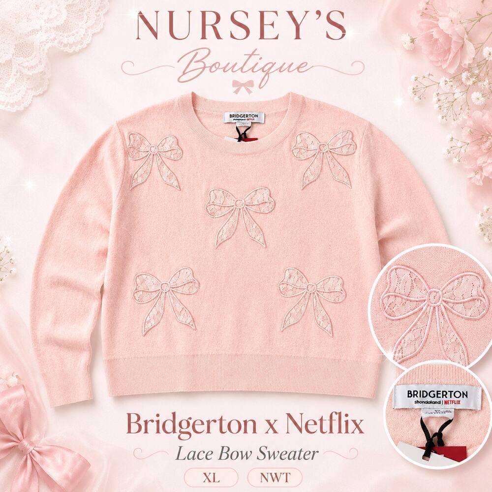 Bridgerton Netflix Lace Bow Applique Sweater XL Pink NWT